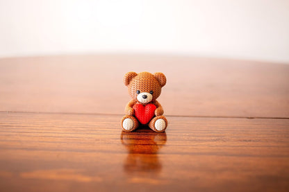 Hand-Knitted Teddy Bear with Heart Figurine