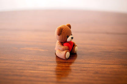Hand-Knitted Teddy Bear with Heart Figurine